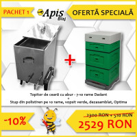 Pachet promotional: Topitor de ceara, din inox, 7-10 rame, cu arzator pe gaz inclus + Stup din polistiren, pe 10 rame, vopsit verde, Optima Line